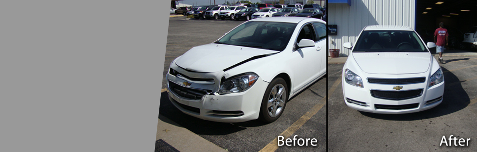 Before and after photo of car dent repair
